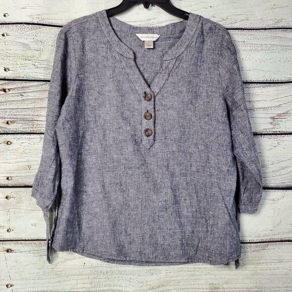 Christopher & Banks Linen Blend Henley Top Medium Blue Chambray 3/4 Sleeve Butto - Picture 1 of 7